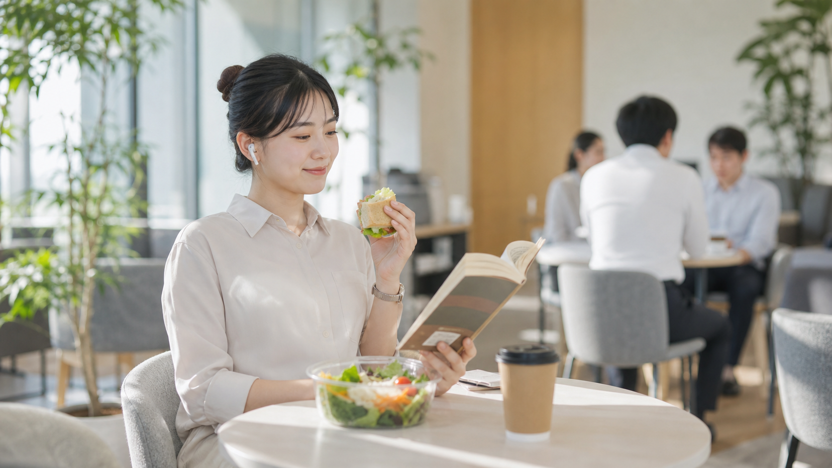 職場のラウンジで一人の昼休みを過ごす人