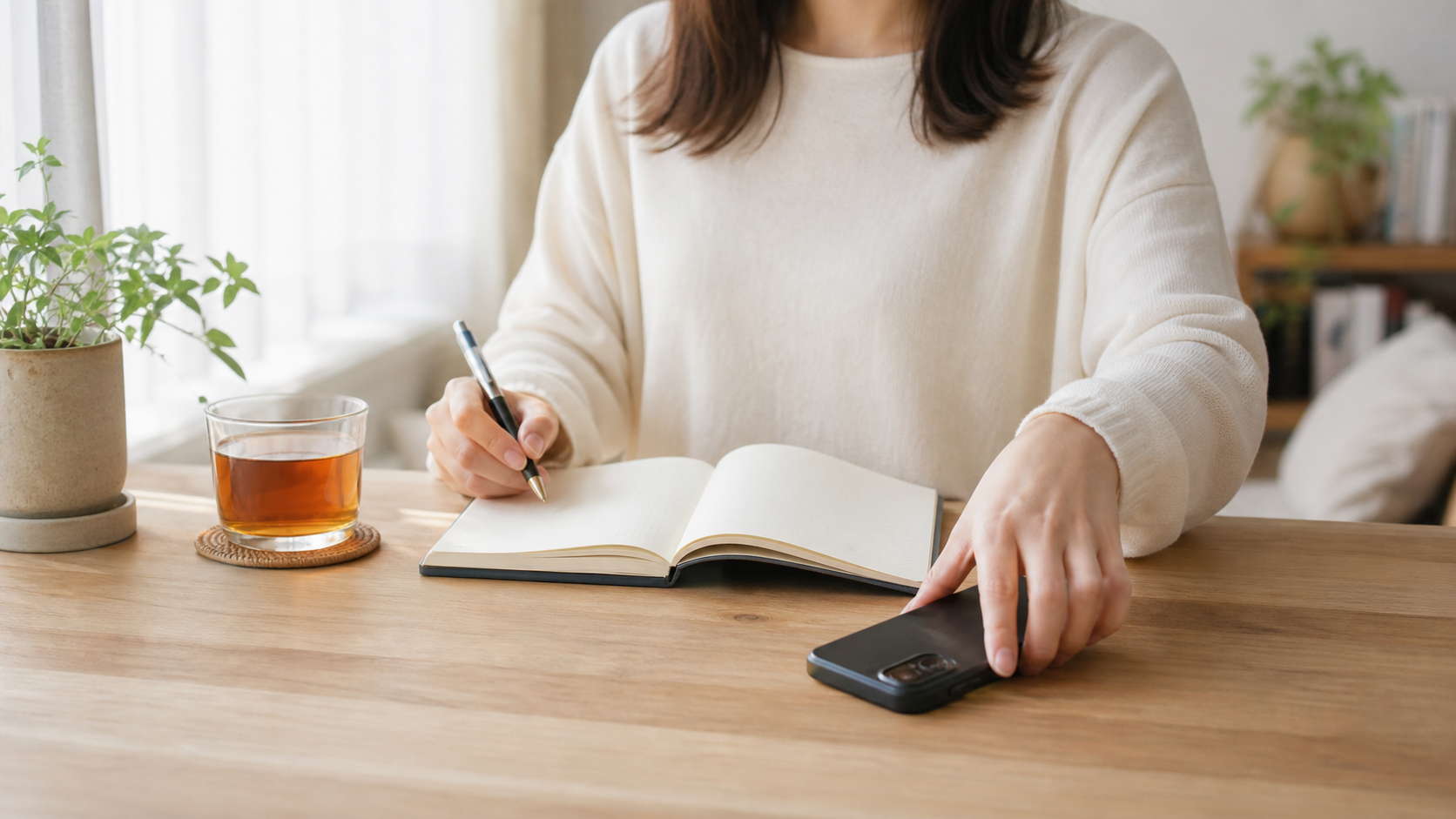 スマホを伏せて自分の時間に戻る様子