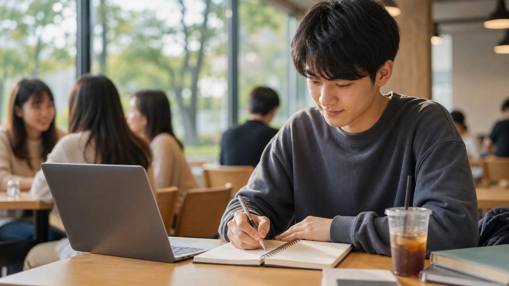 キャンパスカフェで一週間の予定を整理する大学生