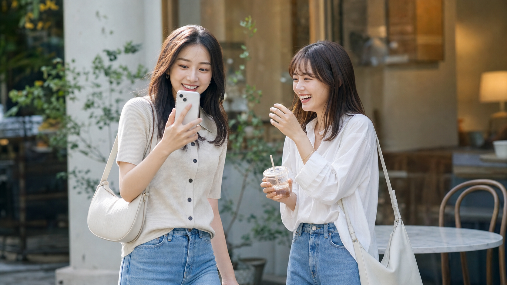 カフェ前で自然なリア充写真ポーズを楽しむ友人