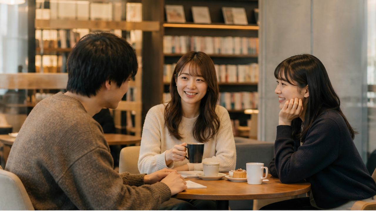 静かなカフェで無理なく会話を楽しむ少人数の友人関係