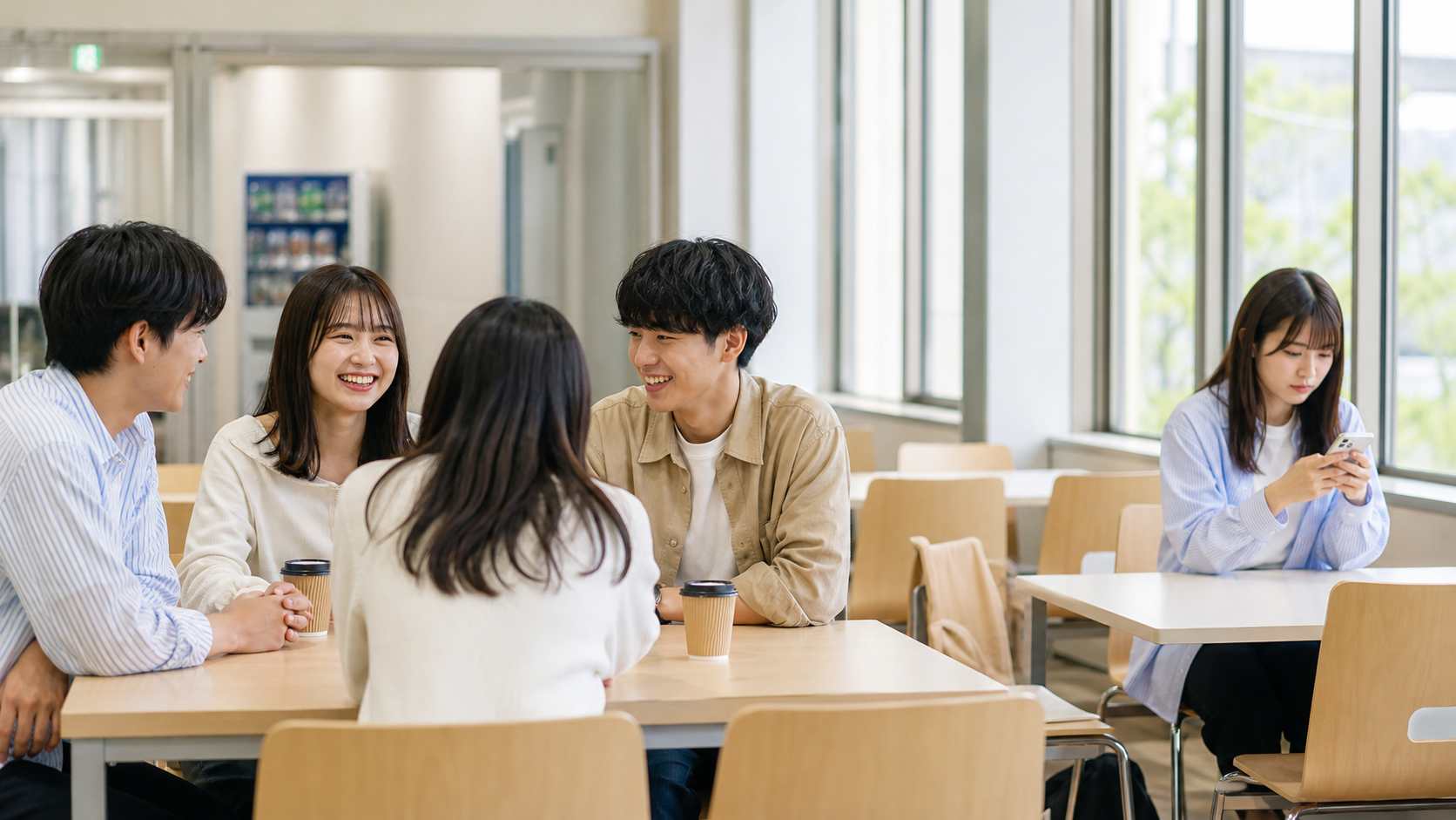 楽しそうなグループと距離を置く人からリア充が嫌われる理由を整理する学校ラウンジの様子