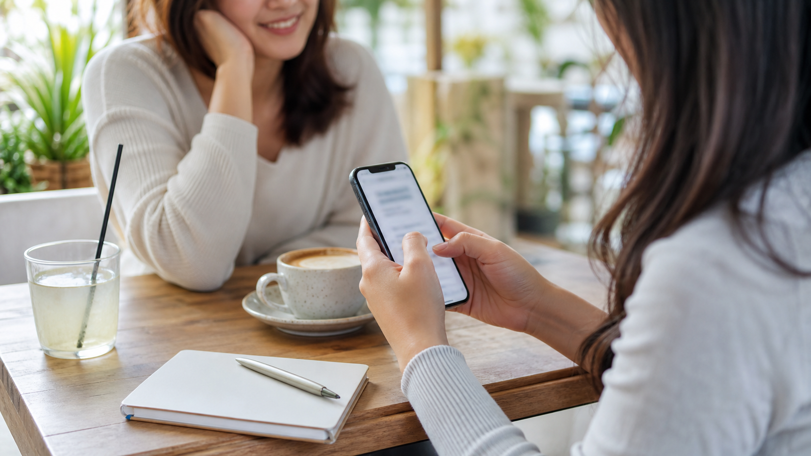 友達のSNS投稿へ落ち着いた返事を考えるカフェの場面