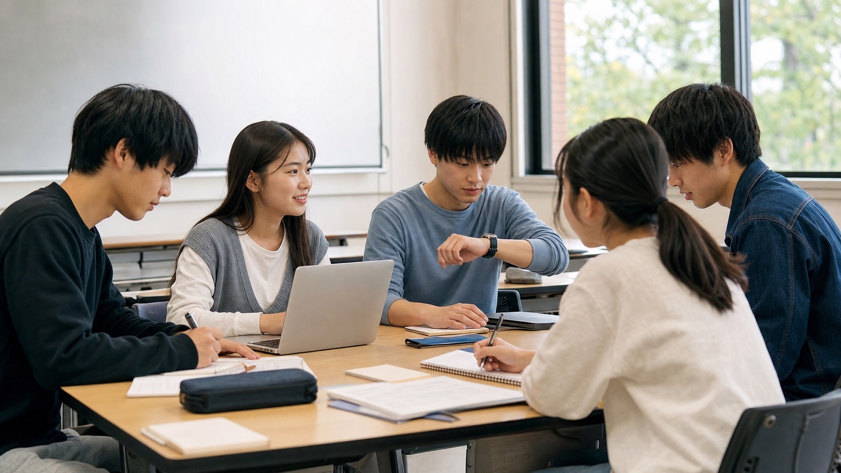 大学と高校のグループワークで役割を分けて話し合う学生たち