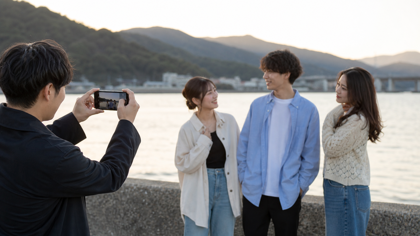 屋外でリア充写真の構図を整えて撮影する友人たち