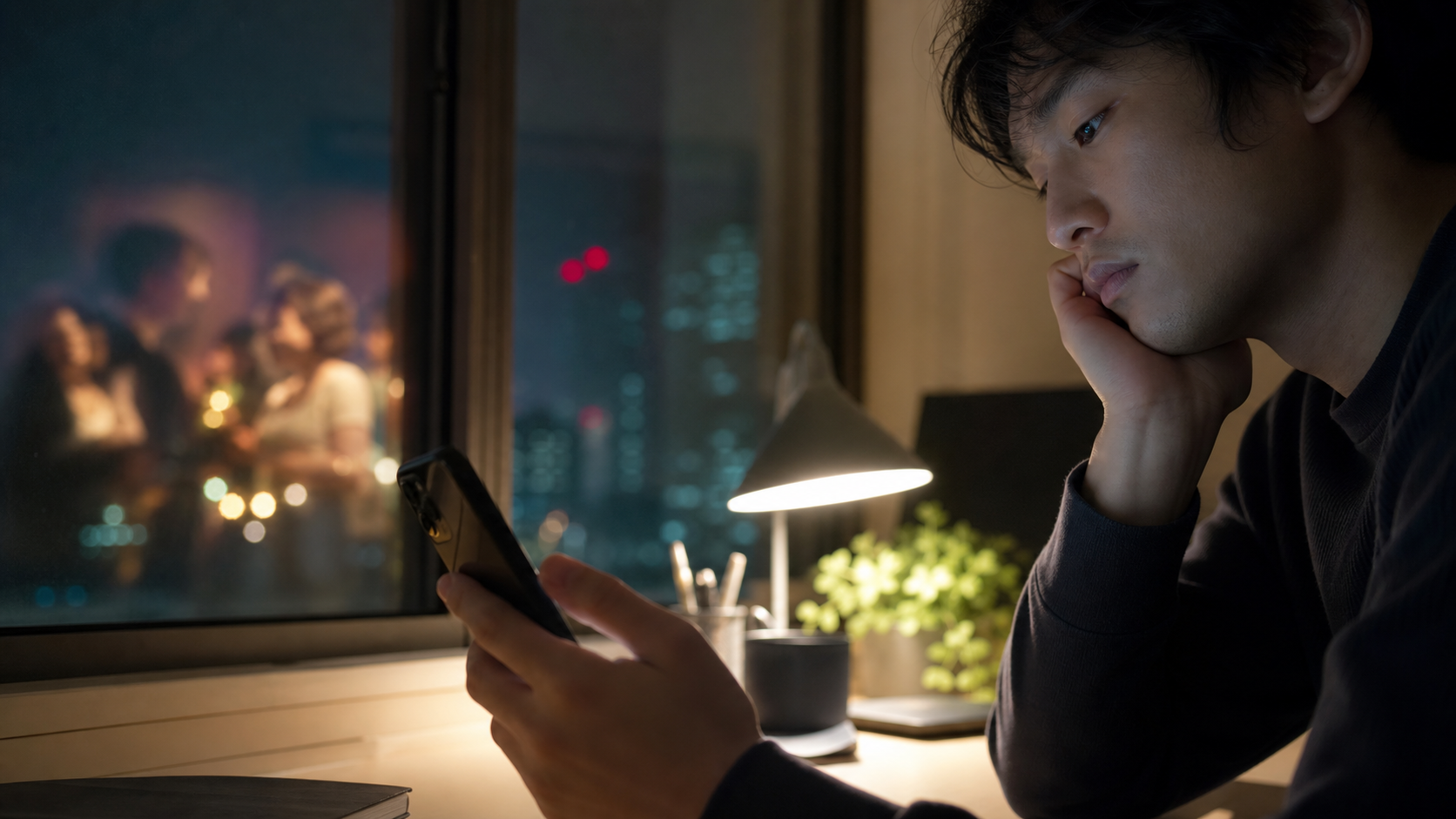 SNS比較で非リア充がつらいと感じる夜のスマホ画面前のイメージ