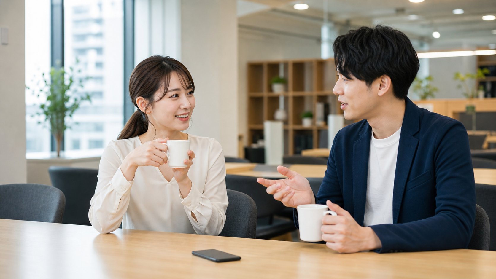 リア充の体験を自慢ではなく共有として話す職場休憩スペースの穏やかな会話
