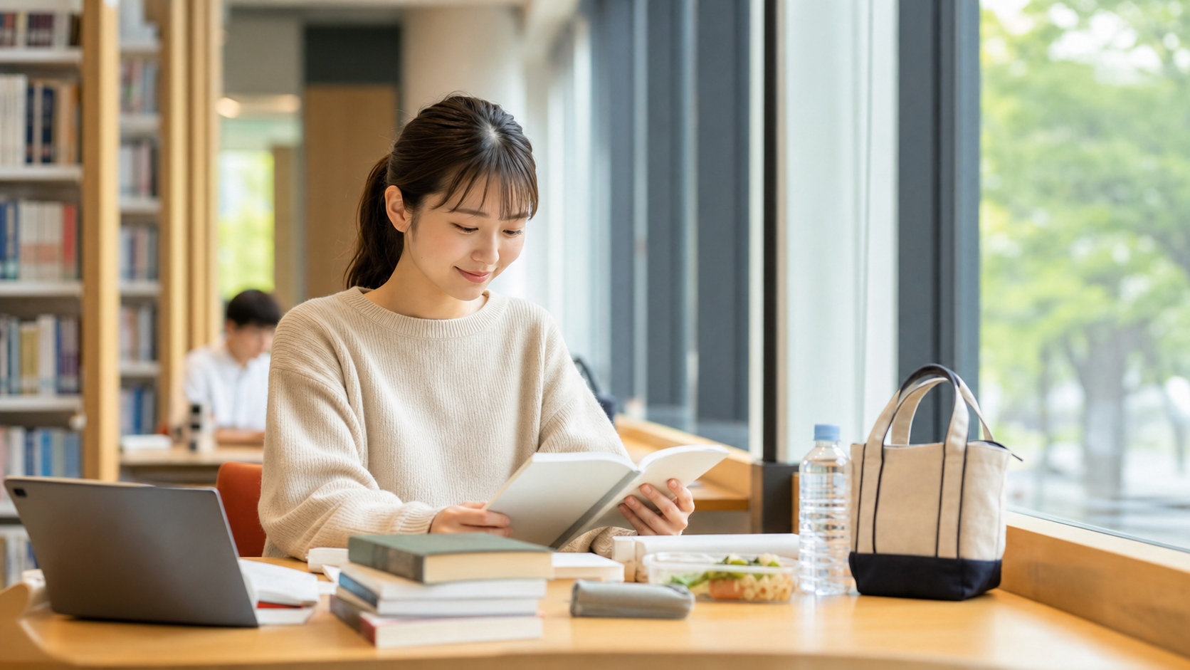 図書館で一人の昼休みを静かに過ごす学生