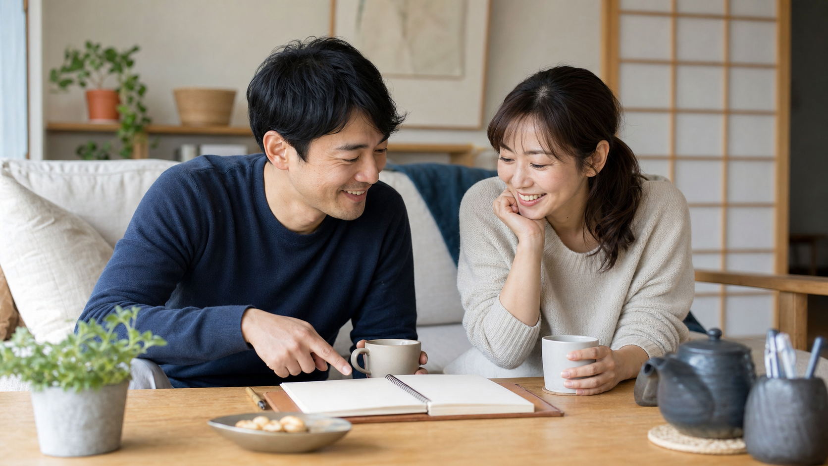 リア充夫婦が休日の予定を一緒に考えるリビング