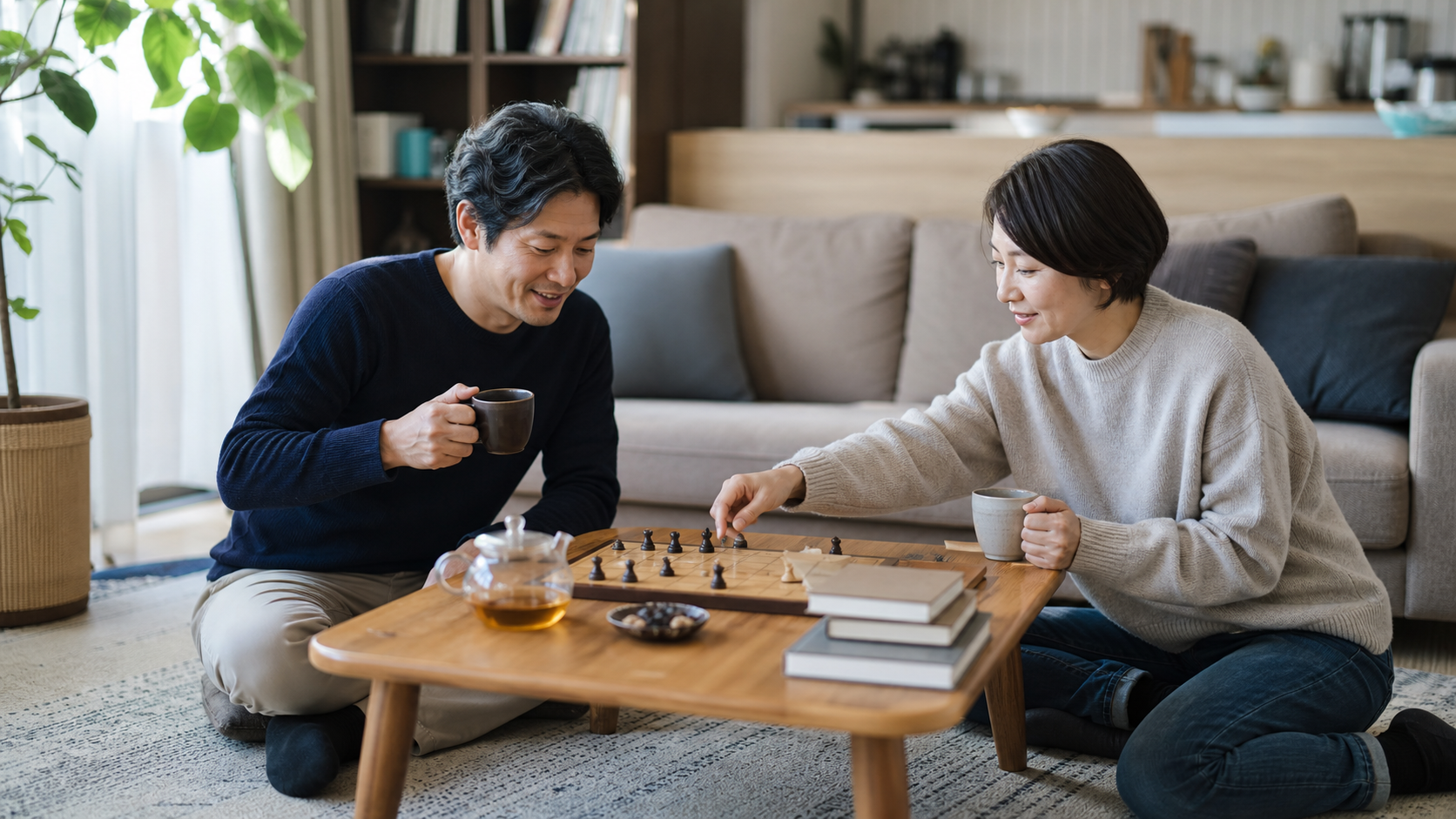 夫婦がお家で穏やかな週末時間を過ごす様子