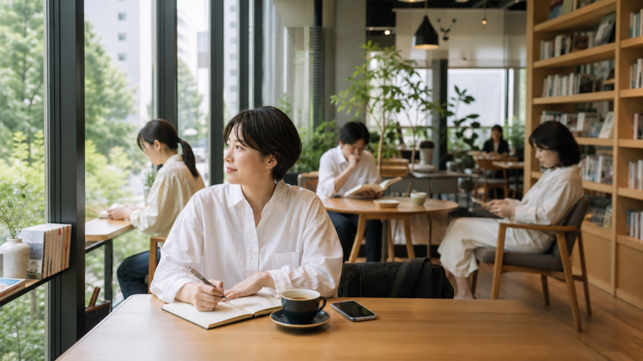 社会人が一人の休日をカフェで落ち着いて過ごす様子