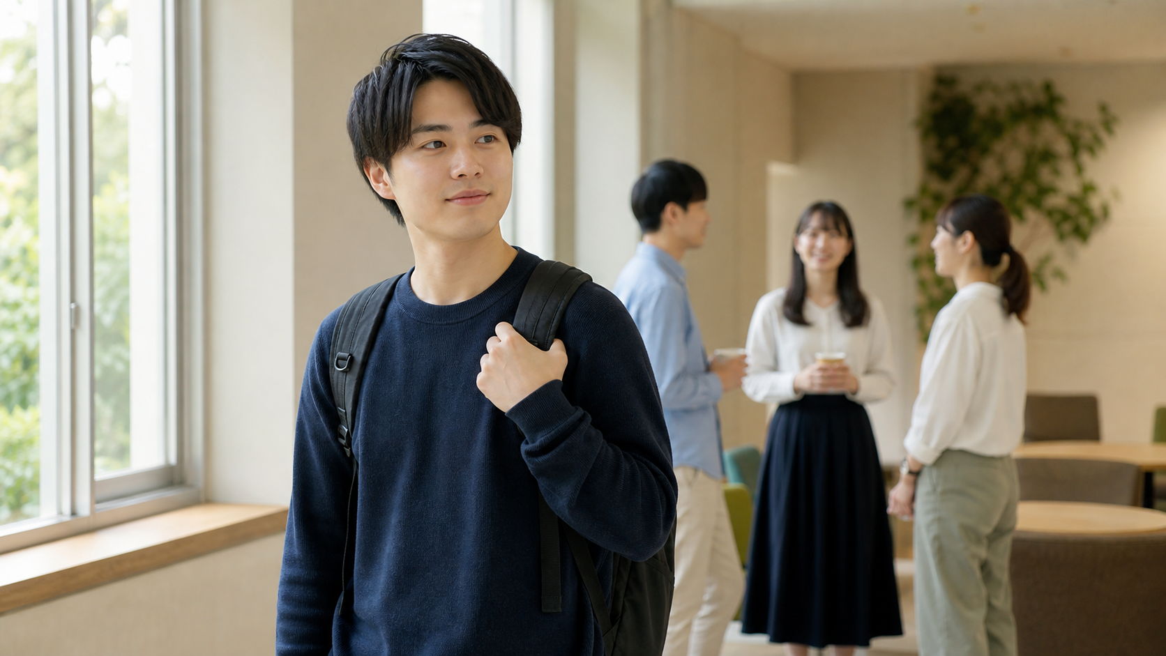 自然な表情と姿勢で会話に向かう若者