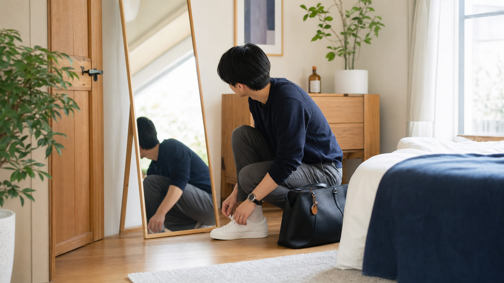靴とバッグを整えて外出準備をする様子