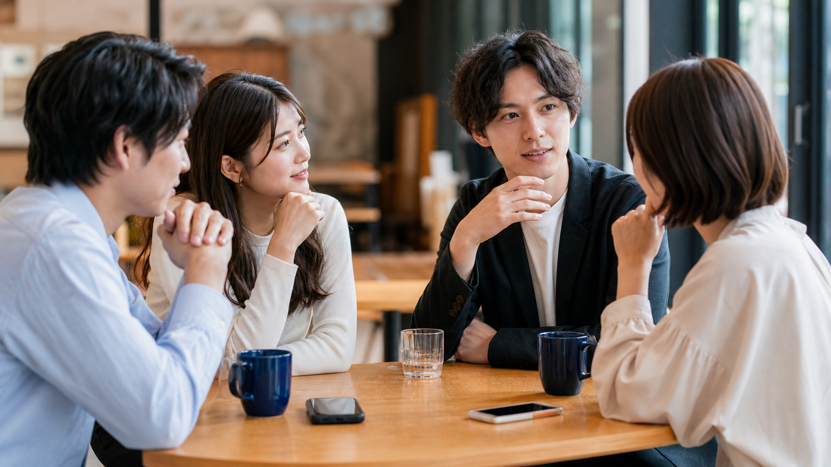 キョロ充の言い換えを考えながら会話する友人グループ