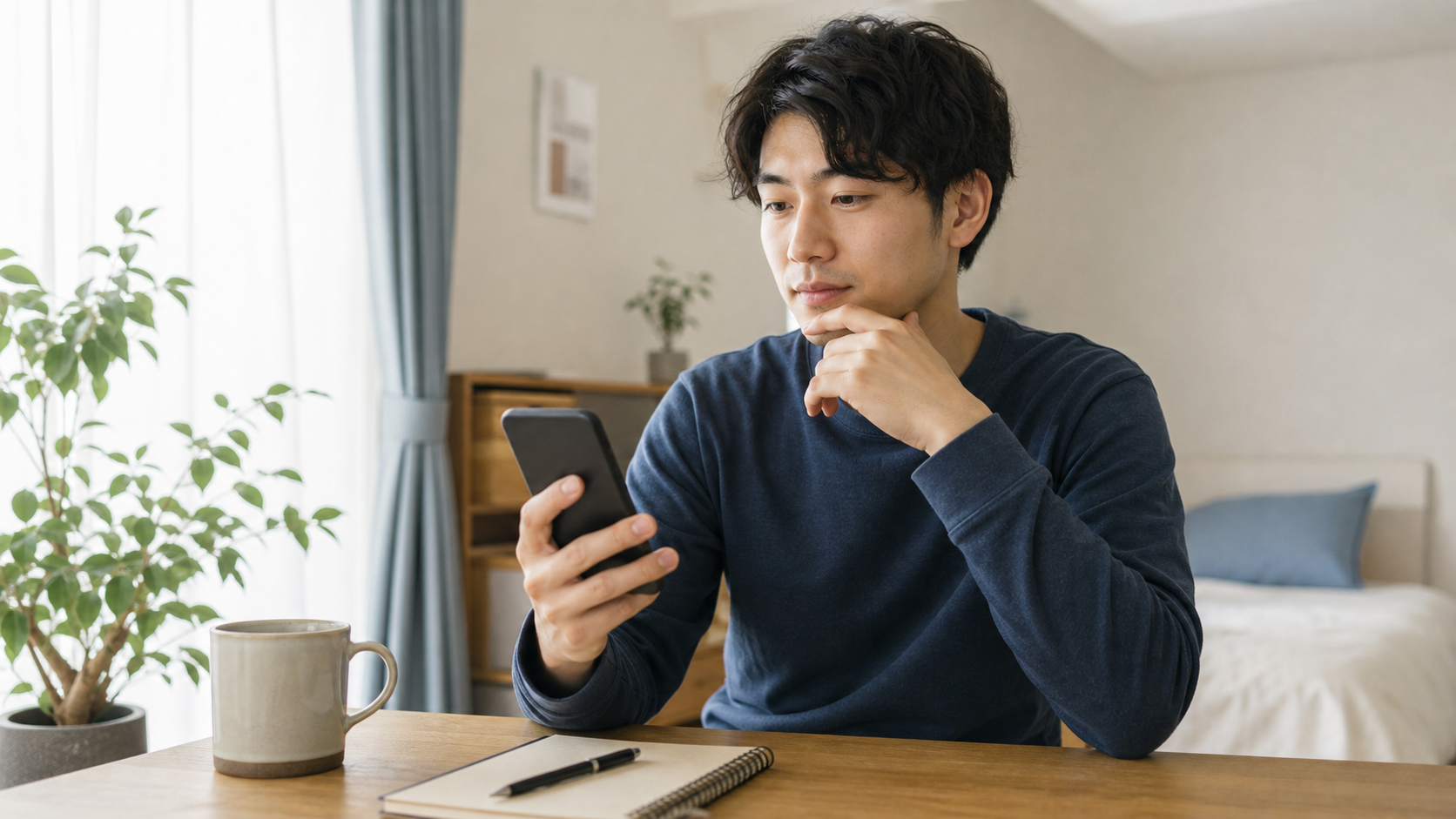 予定の断り方を短く考えながらスマホを見ている様子