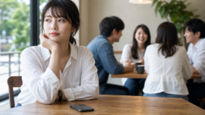 キョロ充をやめたい人がカフェで自分の気持ちを整理する様子