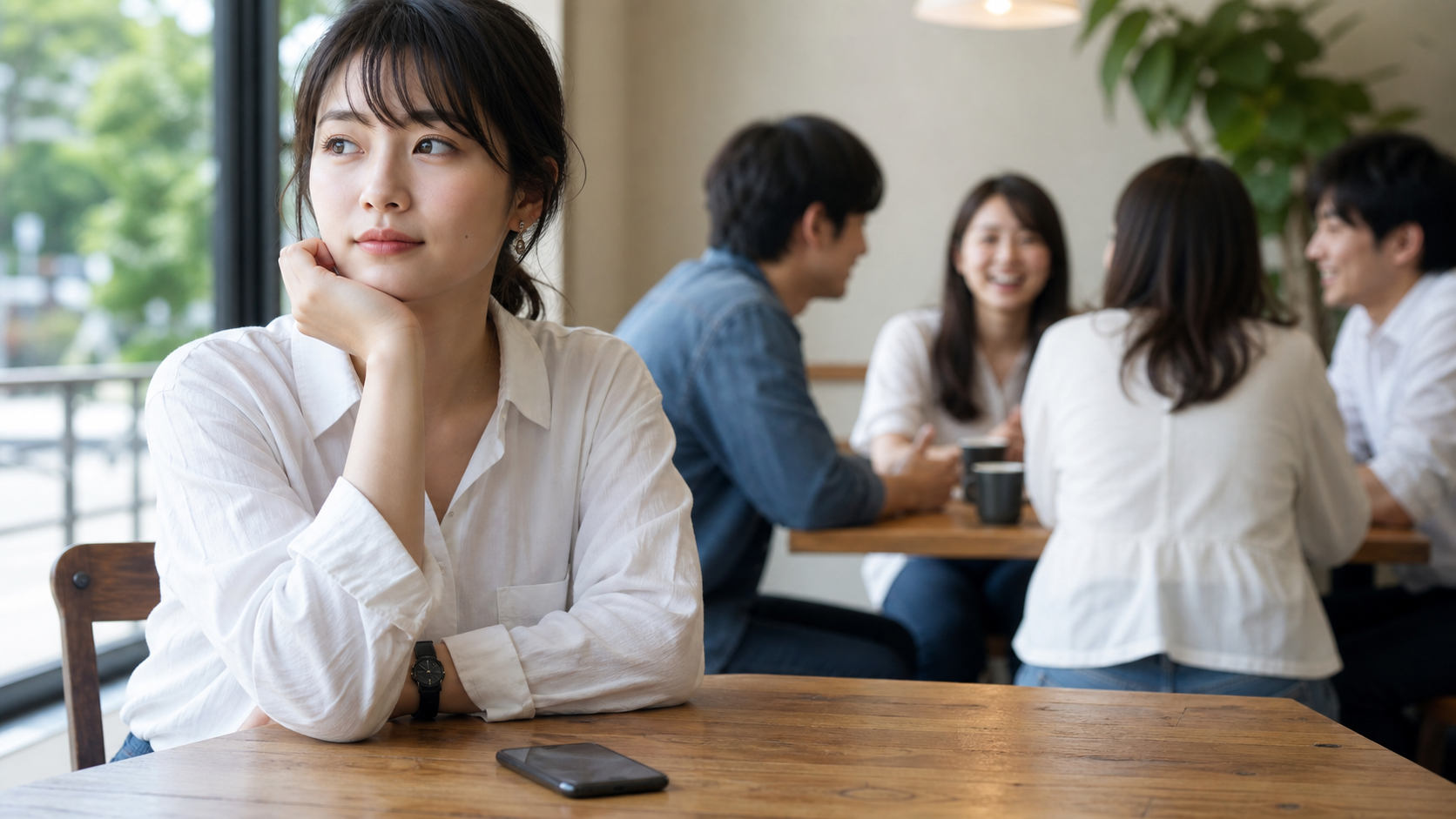 キョロ充をやめたい人がカフェで自分の気持ちを整理する様子