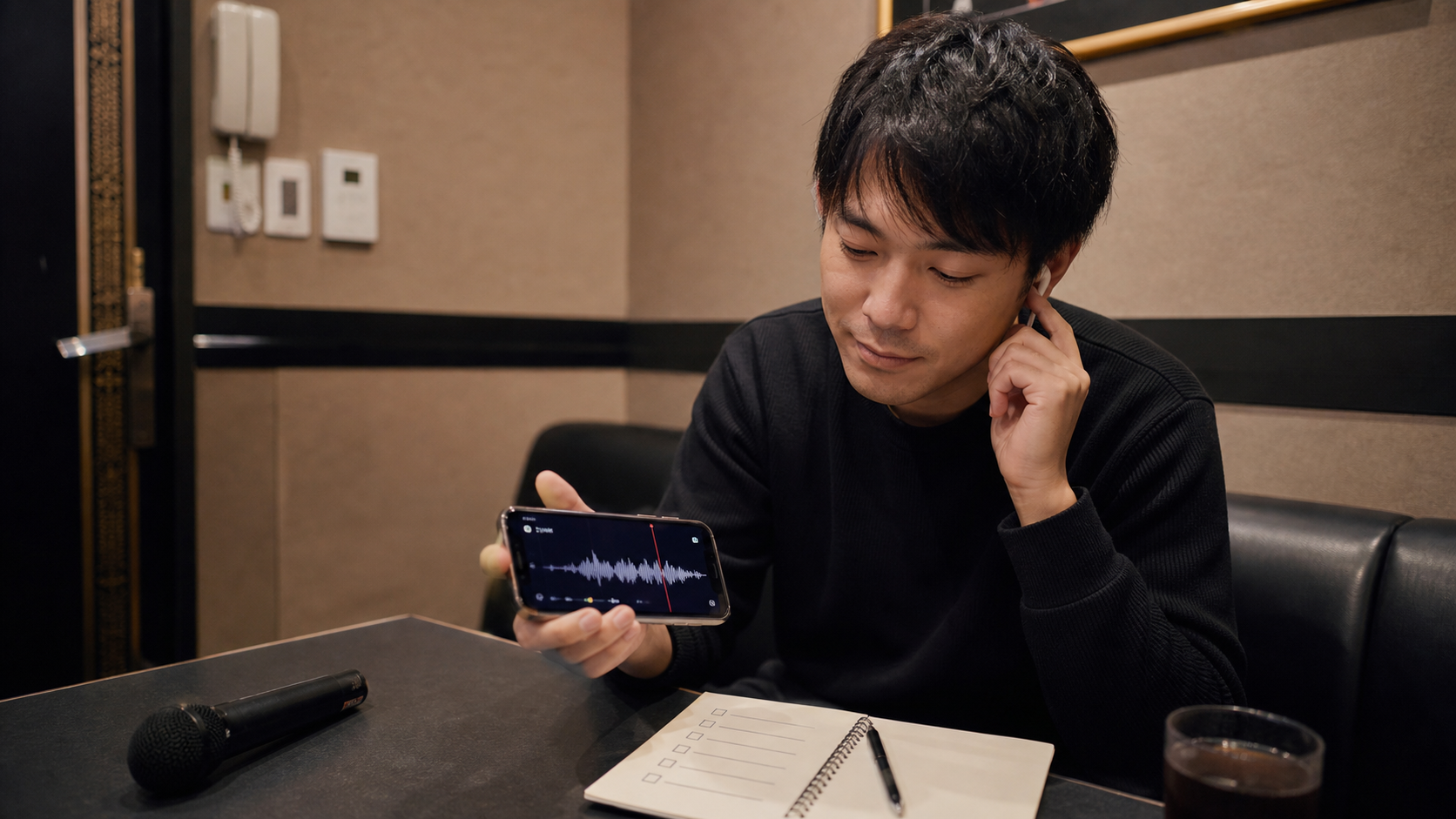 一人カラオケ練習後に録音を聞き返す男性