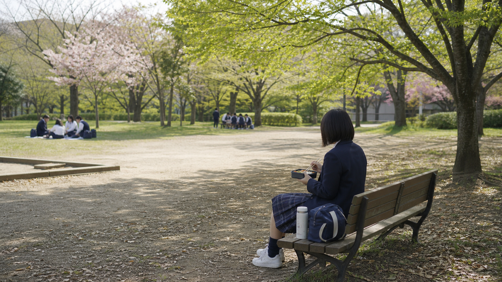 ぼっち遠足の昼食時間に公園のベンチで弁当を食べる様子