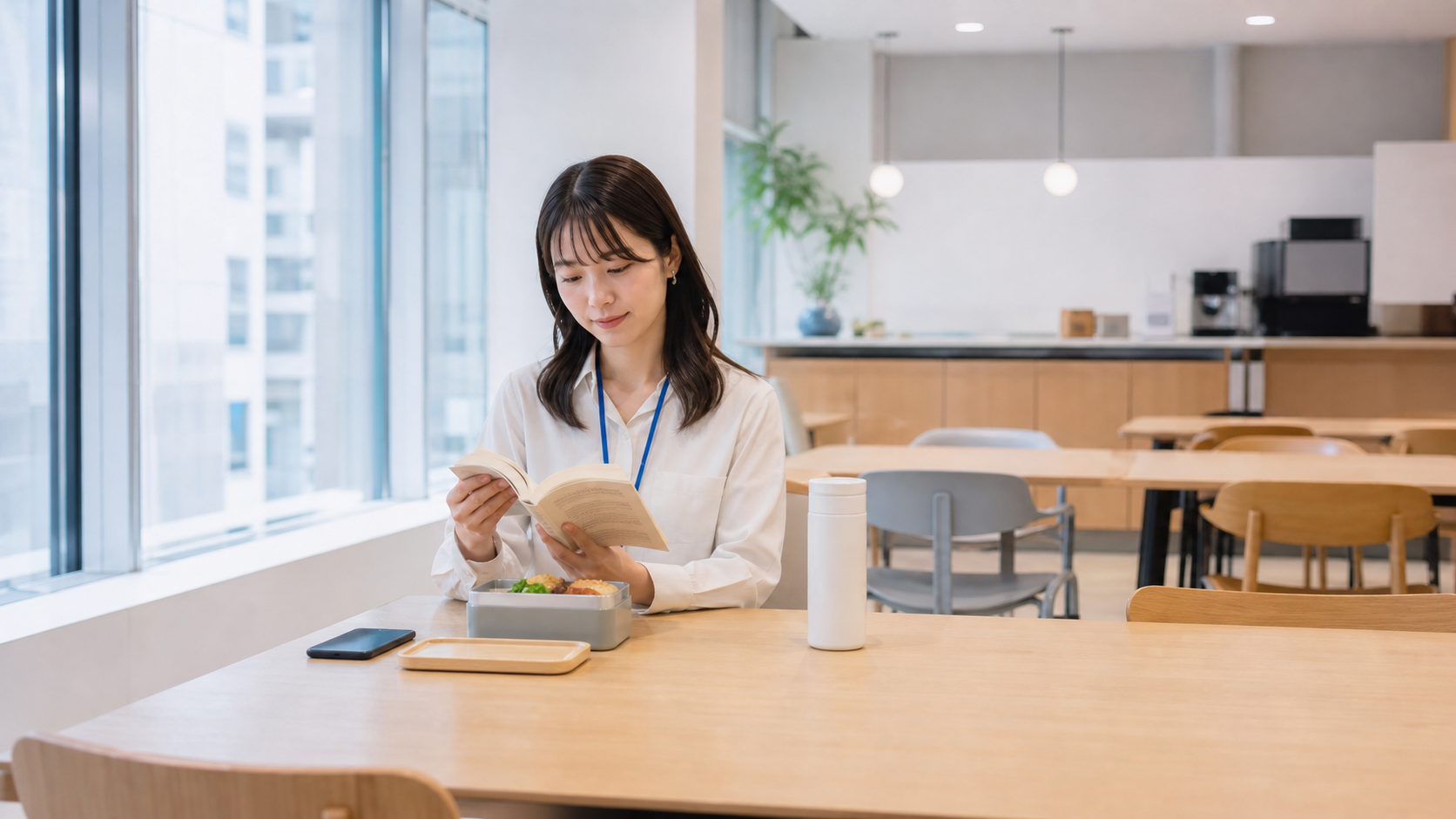 職場ぼっちの昼休みを一人で落ち着いて過ごすイメージ