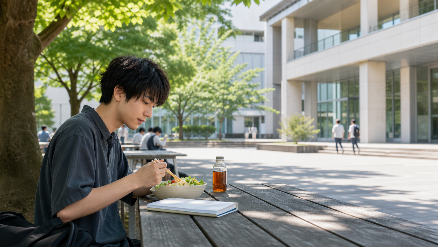 キャンパスのベンチで一人の昼休みを過ごす大学生