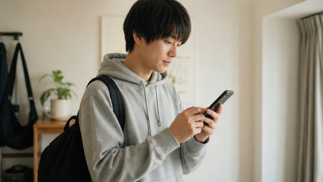 外出前にスマートフォンで短い連絡を送る穏やかな若者