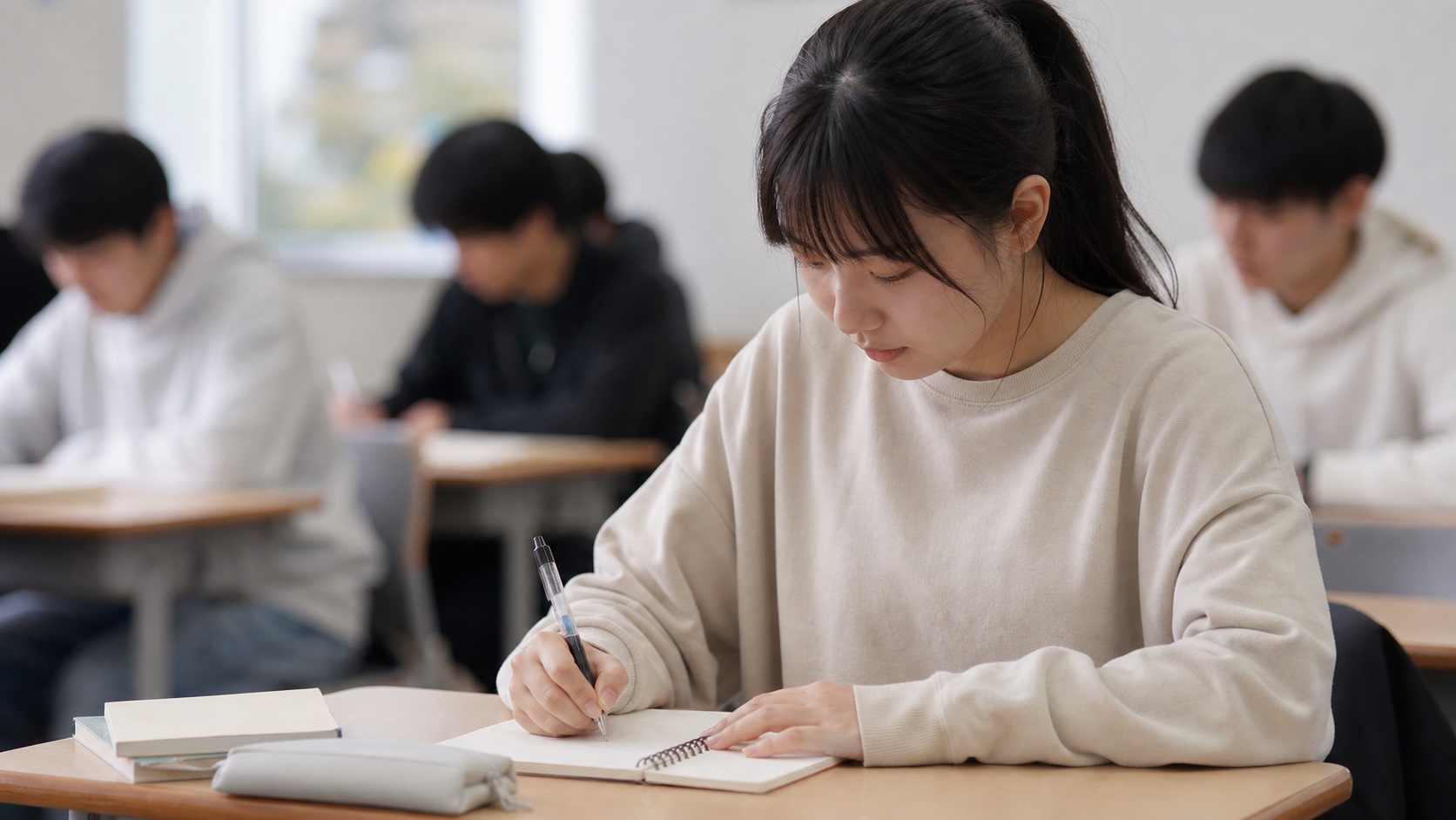 ペアワーク前に短い会話例をノートに準備する学生