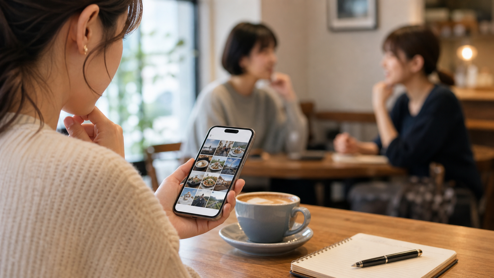 SNS投稿がリア充アピールに見えないよう投稿前に見せ方を考えるカフェのスマホシーン