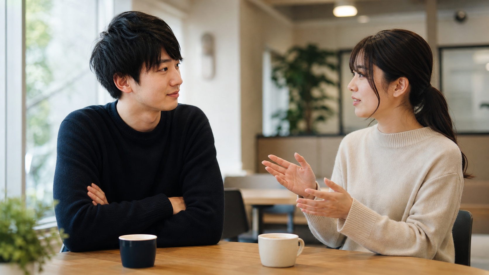自虐ではなく中立の言葉で落ち着いて会話する二人
