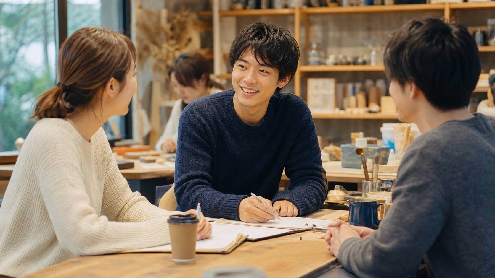 趣味の場で自然な会話を練習する男性