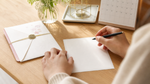 結婚式を欠席する返信を丁寧に準備する机上のイメージ