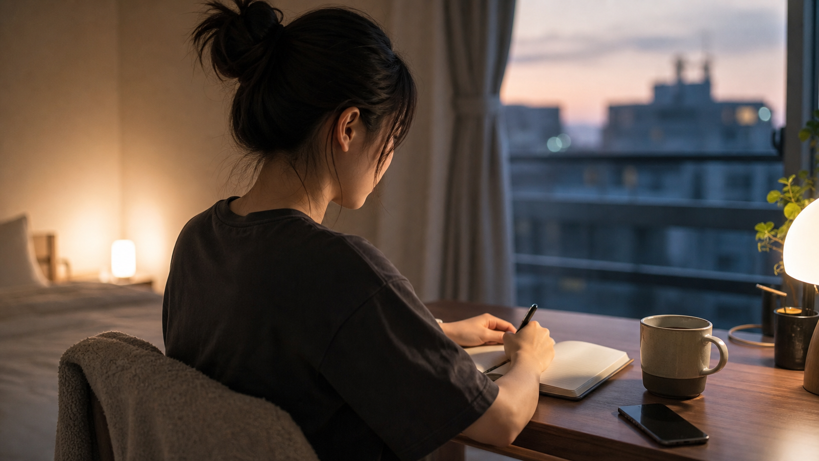 スマホを伏せてノートに気持ちを書き出しリア充への羨ましさを整理する人