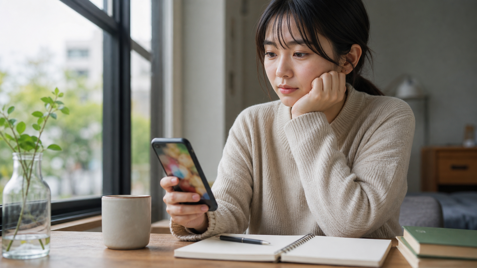 スマホを見ながらリア充への嫉妬や羨ましさを静かに整理する人