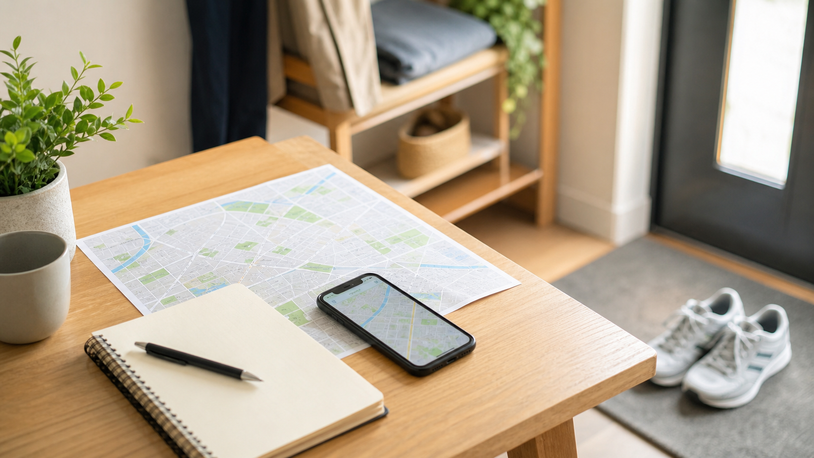 目的別に散歩ルートを作るための地図とスマホとノート