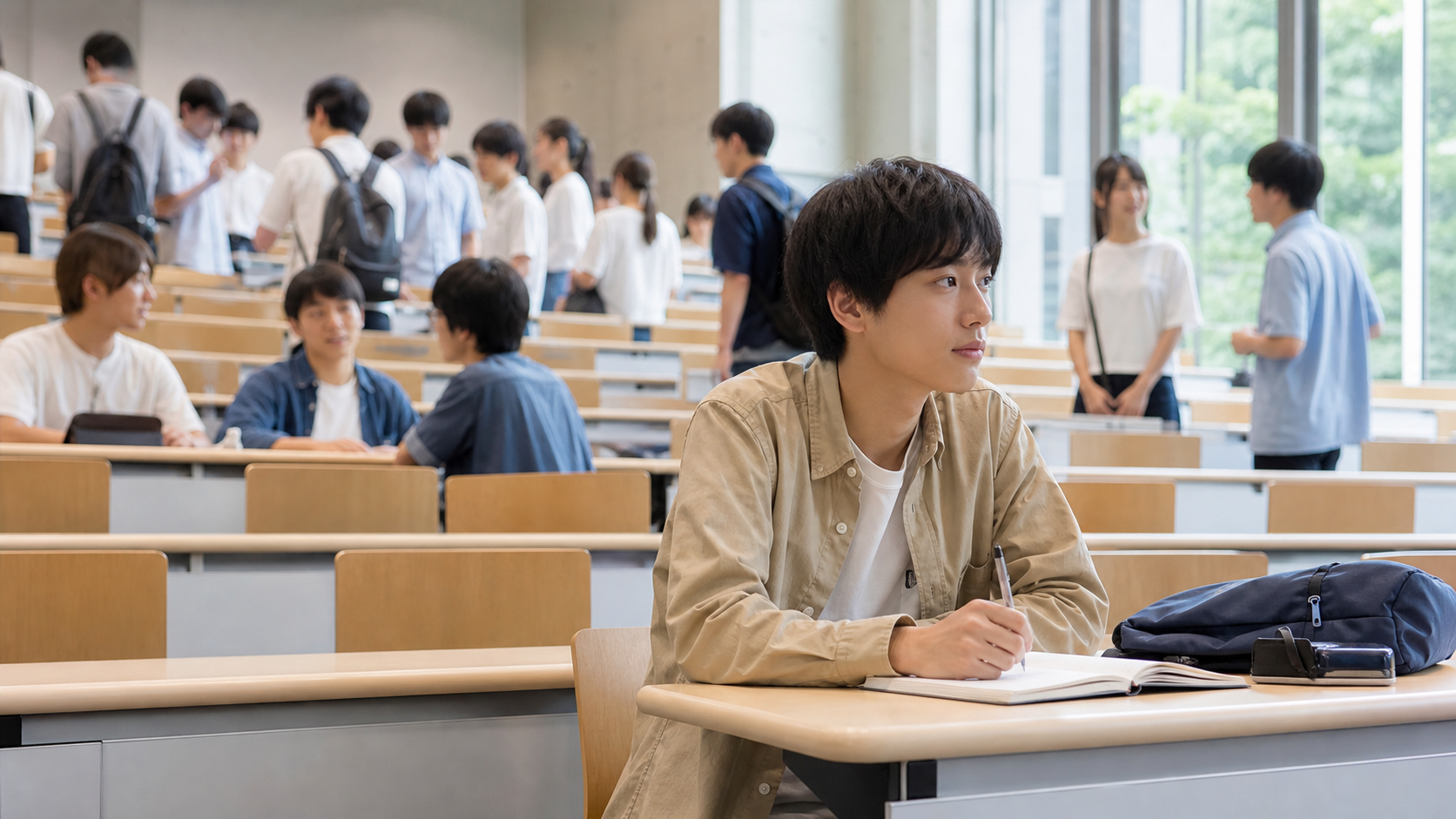 講義室で一人でノートを取る大学生