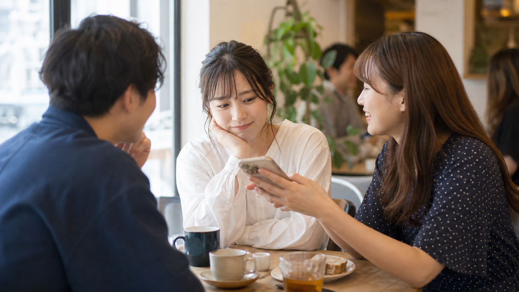 友人のスマホ写真を見せられて少し疲れる女性