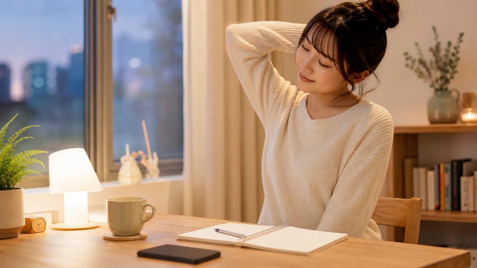 スマホを置いてノートの前で心を整える女性