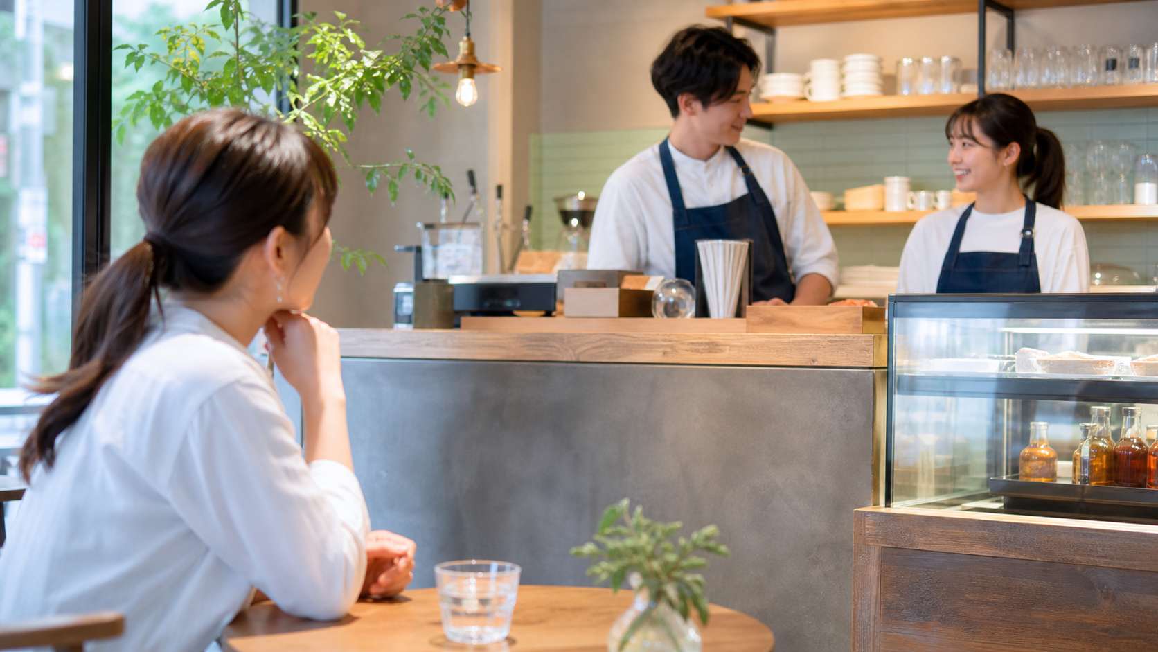 応募前にバイト先のスタッフ同士の雰囲気を確認する場面