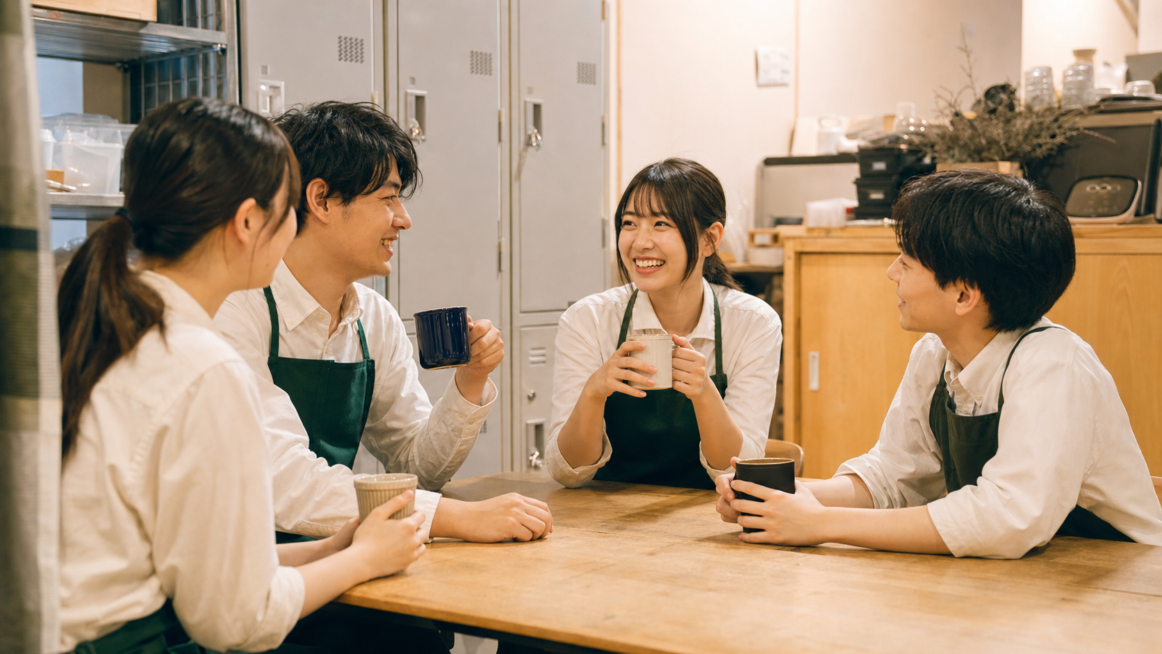 バイト仲間が休憩中に自然に会話している場面