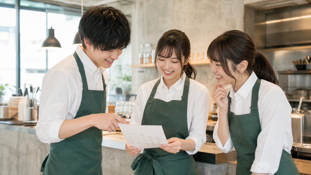 リア充のバイト選びでシフトを見ながら相談するカフェスタッフ