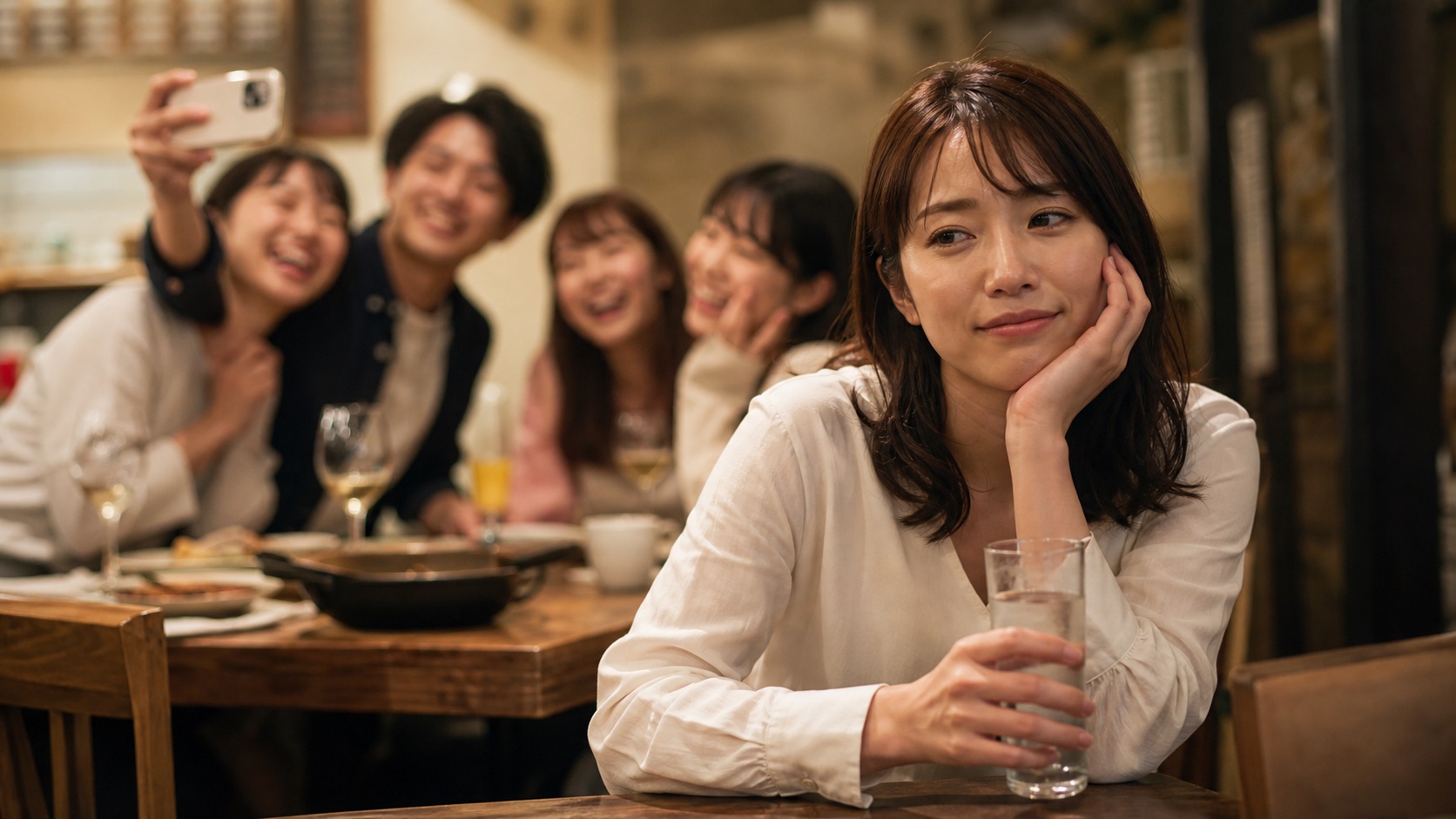 リア充の集まりで少し疲れている人のイメージ