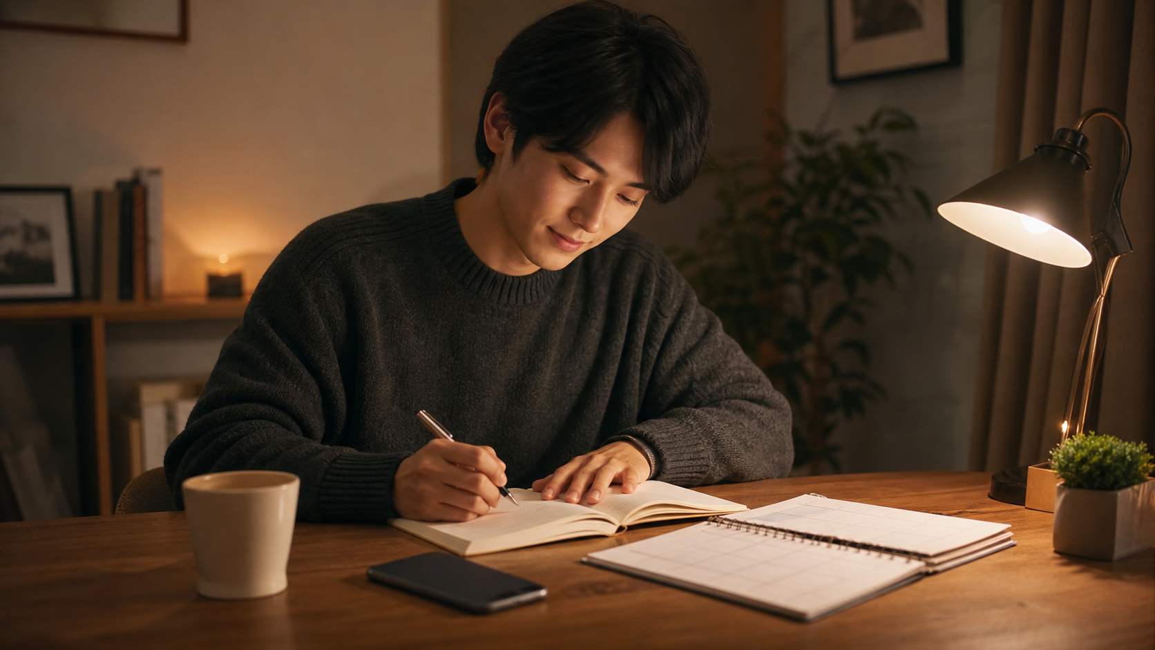 リア充な先輩と比べて疲れた心をノートで整えるイメージ