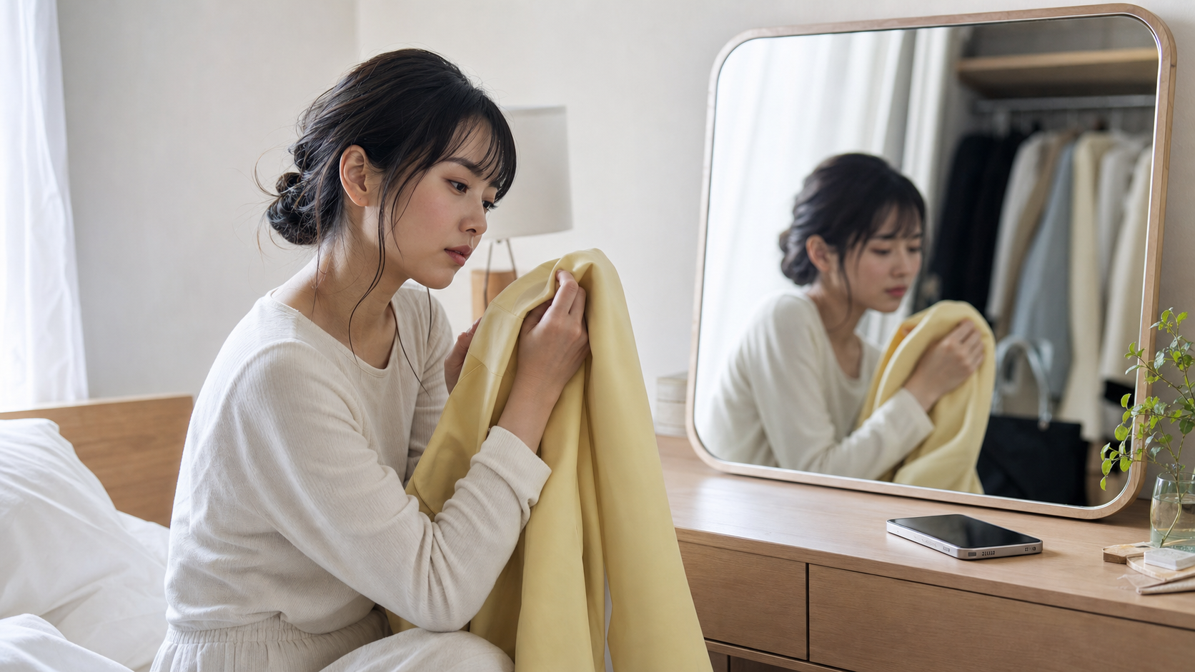 周囲の期待に疲れて鏡の前で自分を見つめ直す様子