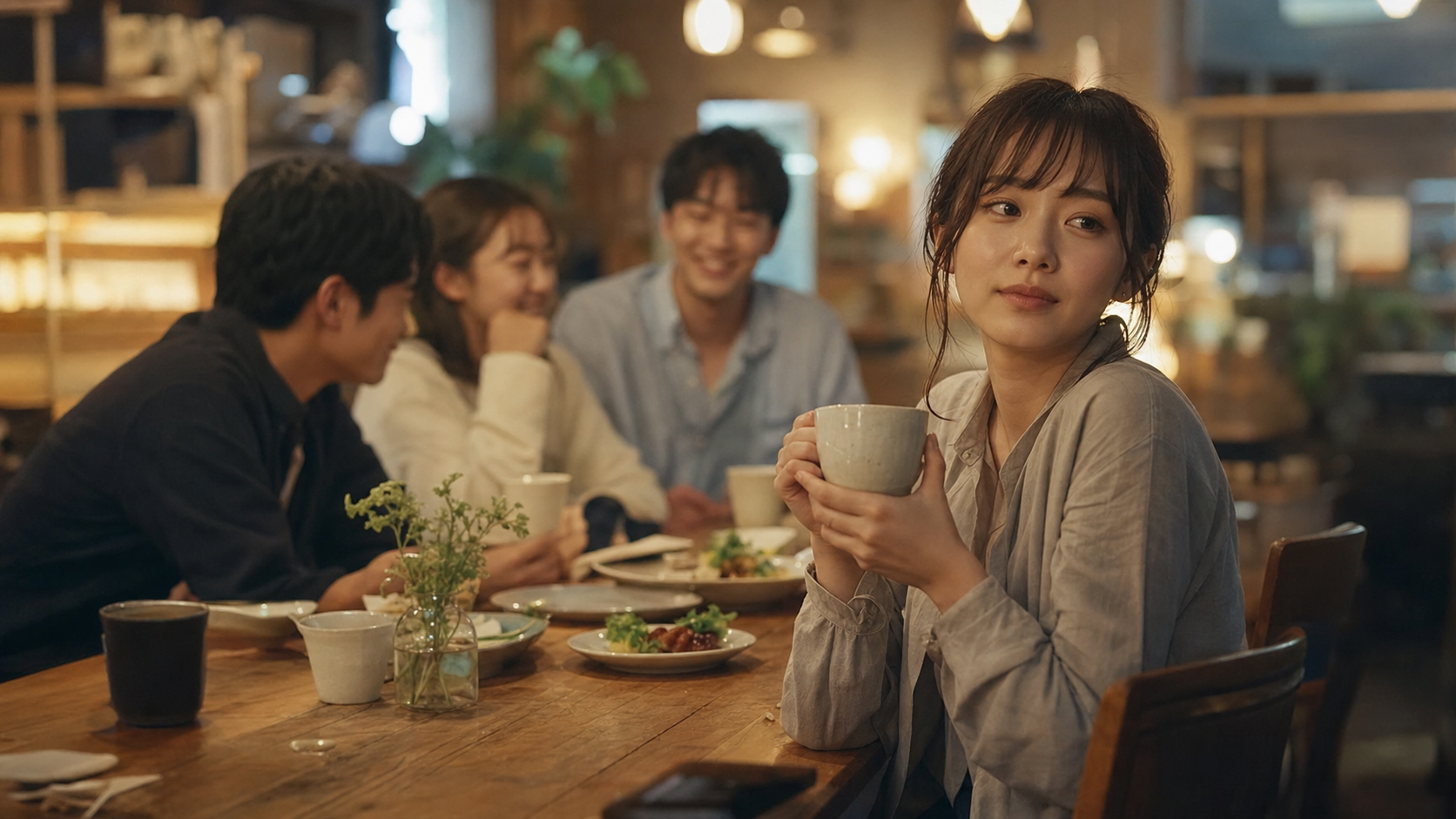 人間関係に疲れて集まりの中で一息つく様子
