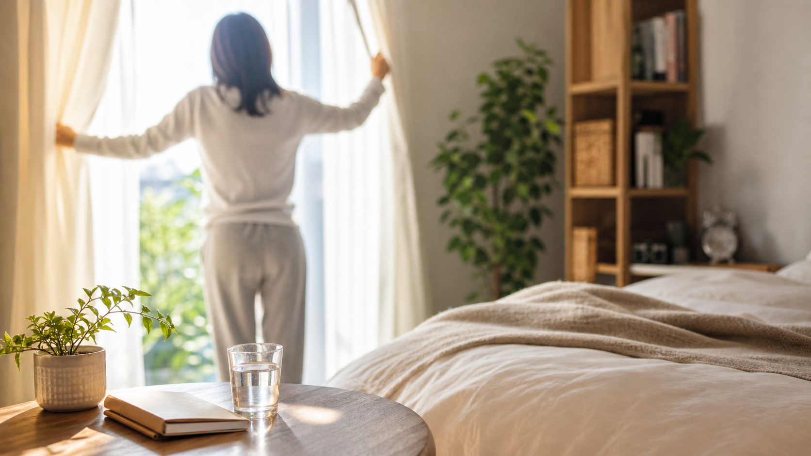 朝日が入る部屋で水分補給と手帳を準備するリア充モーニングルーティン