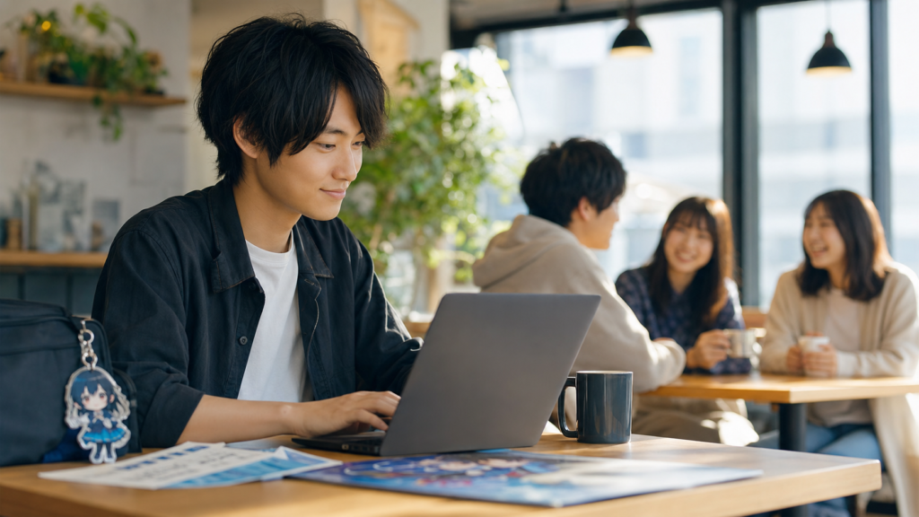 リア充オタクとして趣味と友人関係を両立するカフェの場面