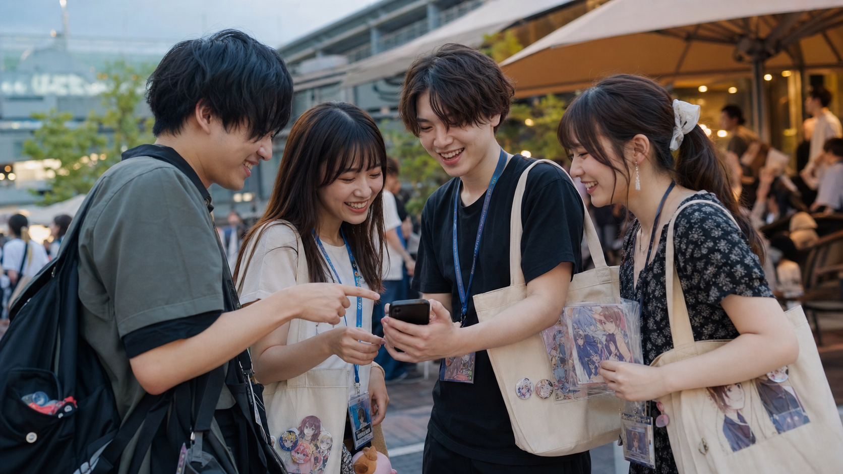 イベント後に趣味仲間とSNS写真を確認するリア充オタクのイメージ