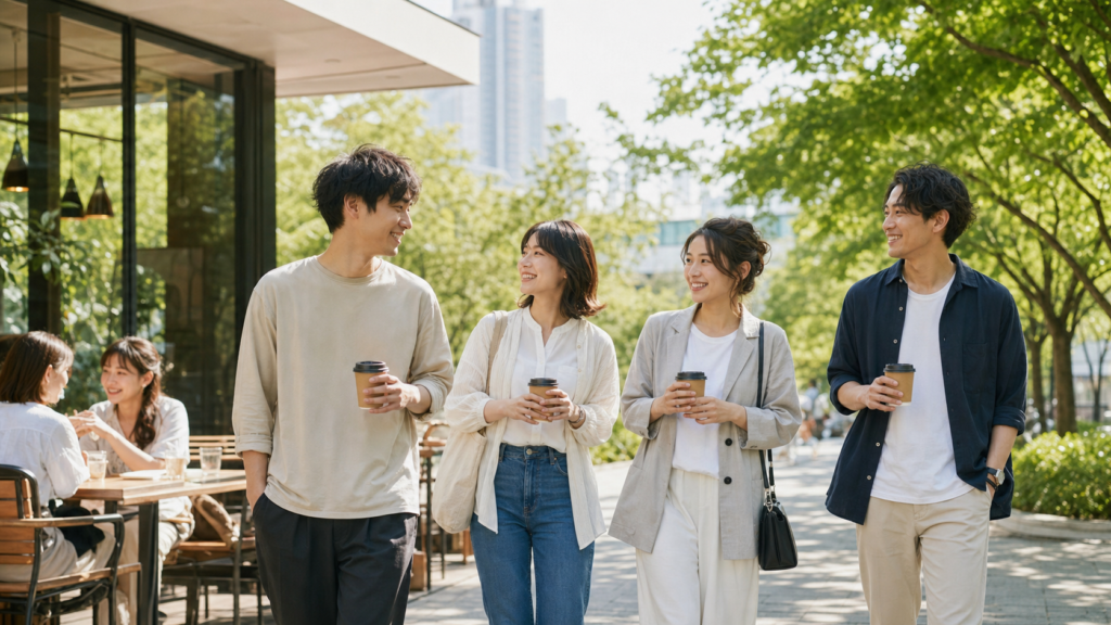 カフェの外を友人と自然に歩くリア充って言われたい人のイメージ