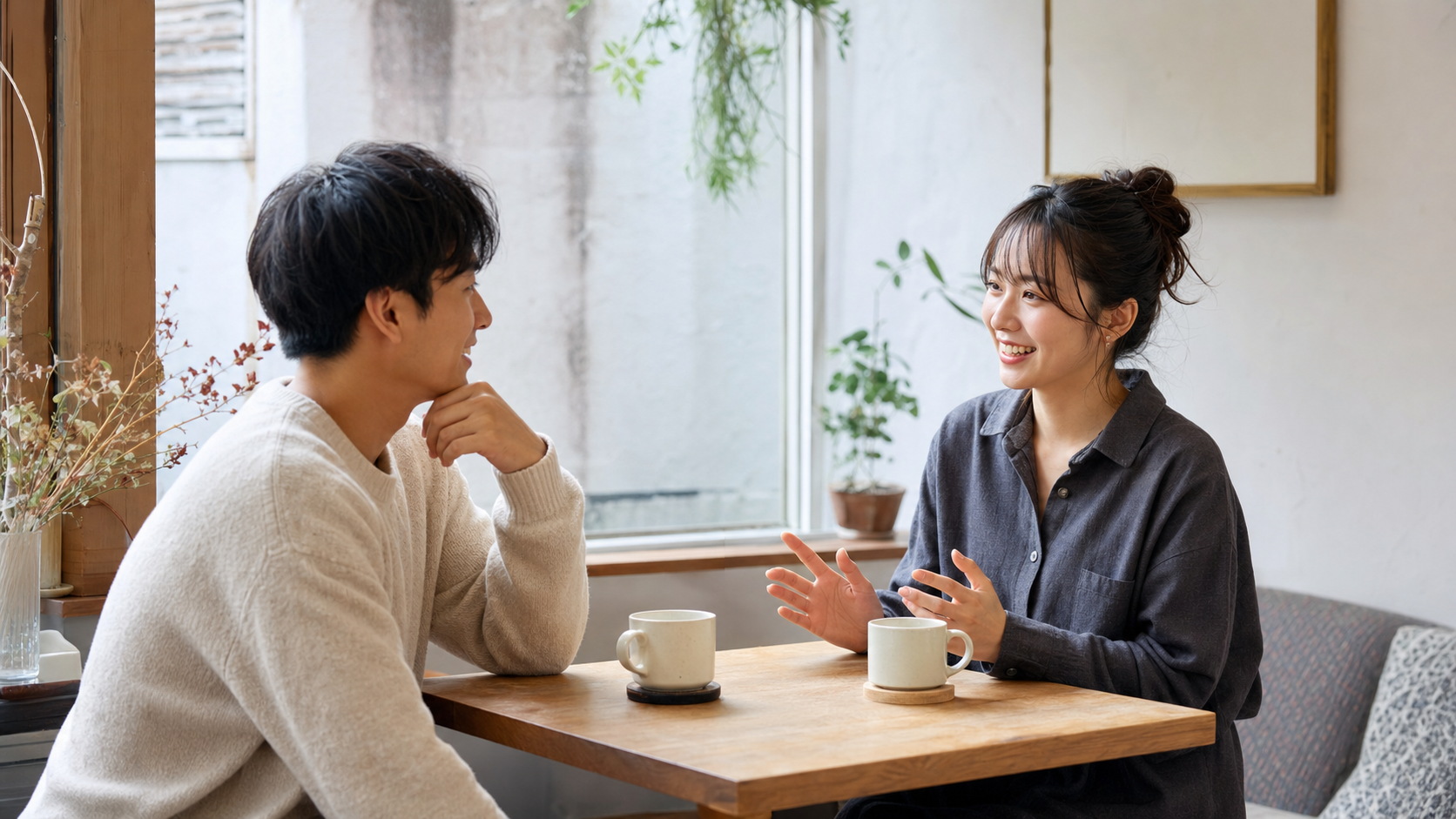 カフェで相手の話を聞きながら自然に会話する人