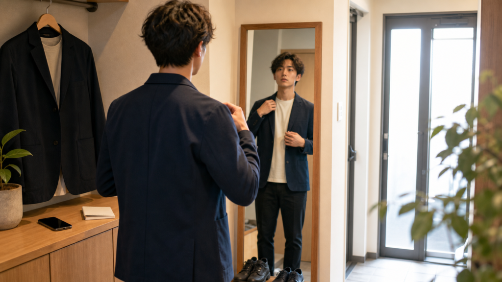 鏡の前で清潔感のある服装を整える人
